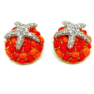 Vintage KJL Coral and Gold Toned Rhinestone Starfish Clip On Earrings